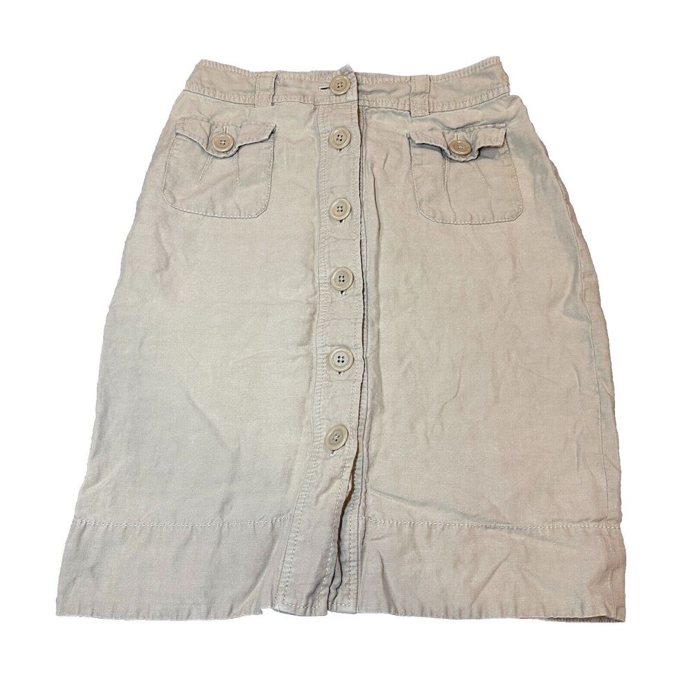 Banana Republic Khaki Safari Silk Linen Blend Midi Skirt Women size 2